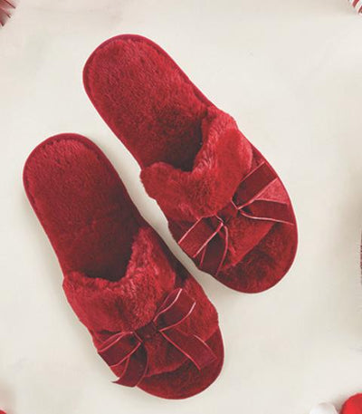 Bella Plush Velvet Bow Slippers in Burgundy R5391-Anna Bella Fine Lingerie-Burgundy-Small-