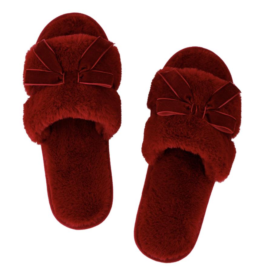 Bella Plush Velvet Bow Slippers in Burgundy R5391-Socks &amp; Slippers-Bella Sleep &amp; Spa-Burgundy-Small-Anna Bella Fine Lingerie, Reveal Your Most Gorgeous Self!