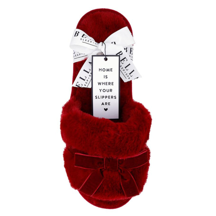 Bella Plush Velvet Bow Slippers in Burgundy R5391-Socks &amp; Slippers-Bella Sleep &amp; Spa-Burgundy-Small-Anna Bella Fine Lingerie, Reveal Your Most Gorgeous Self!