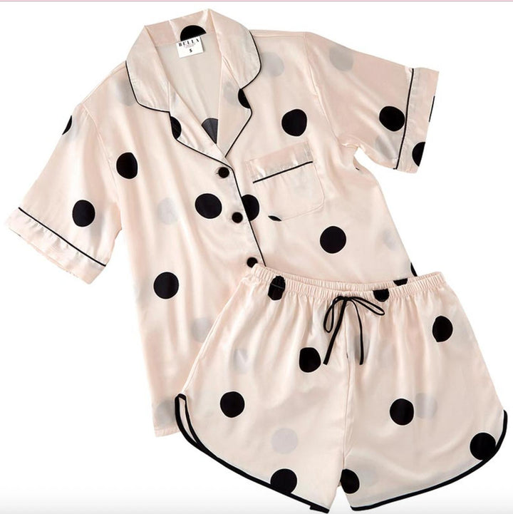 Bella Polka-Dot Satin Two-Piece PJ Set in Blush N2587-Loungewear-Bella Sleep &amp; Spa-Blush with Black Dot-Small-Anna Bella Fine Lingerie, Reveal Your Most Gorgeous Self!