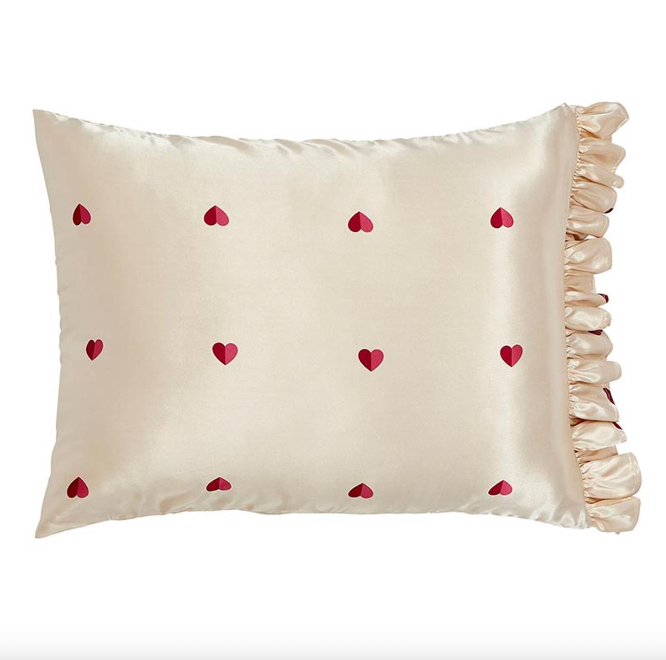 Bella Ruffled Satin Pillowcase - Ivory with Red Hearts N5815-Pillowcases-Bella Sleep & Spa-Anna Bella Fine Lingerie, Reveal Your Most Gorgeous Self!