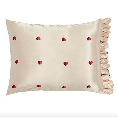 Bella Ruffled Satin Pillowcase - Ivory with Red Hearts N5815-Pillowcases-Bella Sleep & Spa-Anna Bella Fine Lingerie, Reveal Your Most Gorgeous Self!