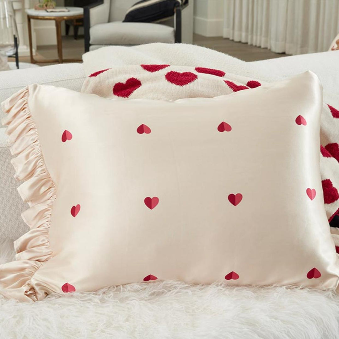 Bella Ruffled Satin Pillowcase - Ivory with Red Hearts N5815-Pillowcases-Bella Sleep &amp; Spa-Anna Bella Fine Lingerie, Reveal Your Most Gorgeous Self!