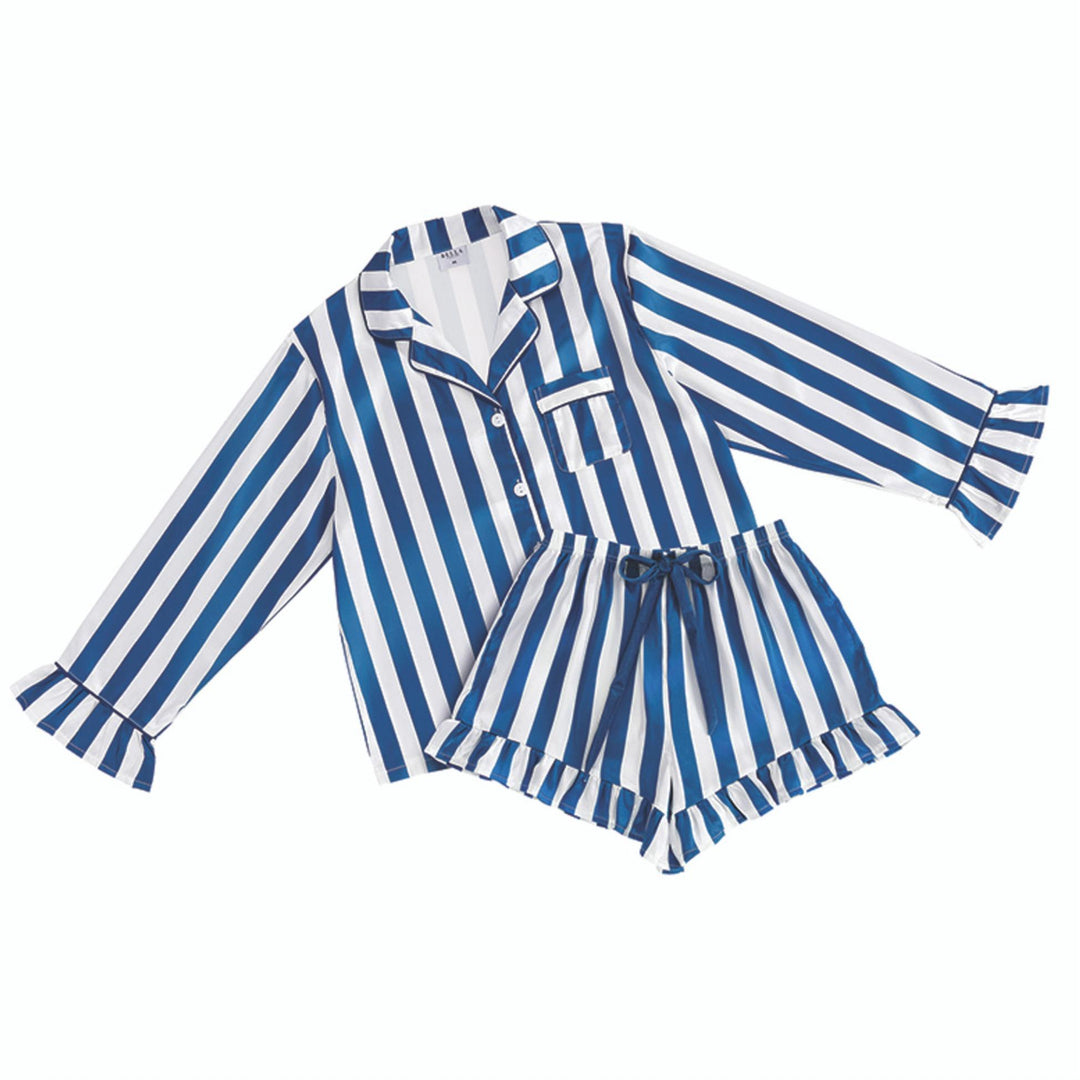 Bella Satin Long Sleeve + Ruffle Short PJ Set in Blue Stripes R5384-Loungewear-Bella Sleep &amp; Spa-Blue Stripe-Small-Anna Bella Fine Lingerie, Reveal Your Most Gorgeous Self!
