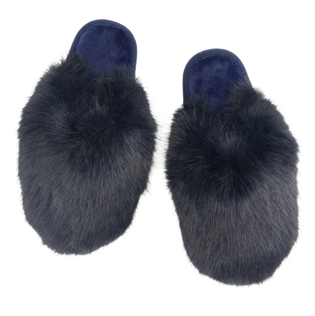 Bella Snowball Plush Slippers in Navy T6128-Socks &amp; Slippers-Bella Sleep &amp; Spa-Navy-Small-Anna Bella Fine Lingerie, Reveal Your Most Gorgeous Self!