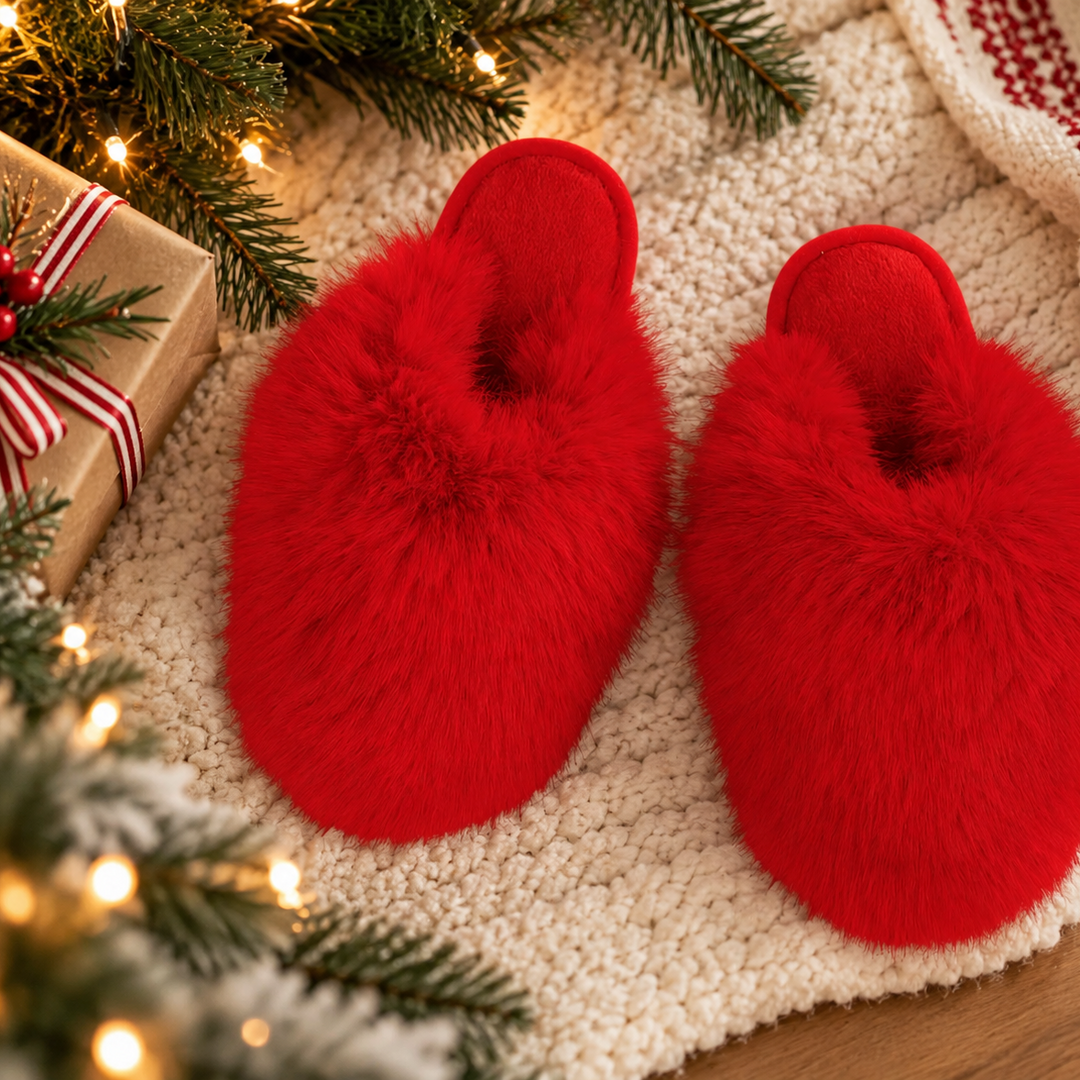 Bella Snowball Plush Slippers in Red T6124-Socks & Slippers-Bella Sleep & Spa-Red-Small-Anna Bella Fine Lingerie, Reveal Your Most Gorgeous Self!