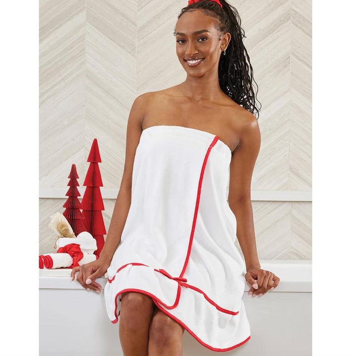 Bella Spa Wrap in White with Red Trim P6859-Bath &amp; Beauty-Bella Sleep &amp; Spa-Anna Bella Fine Lingerie, Reveal Your Most Gorgeous Self!