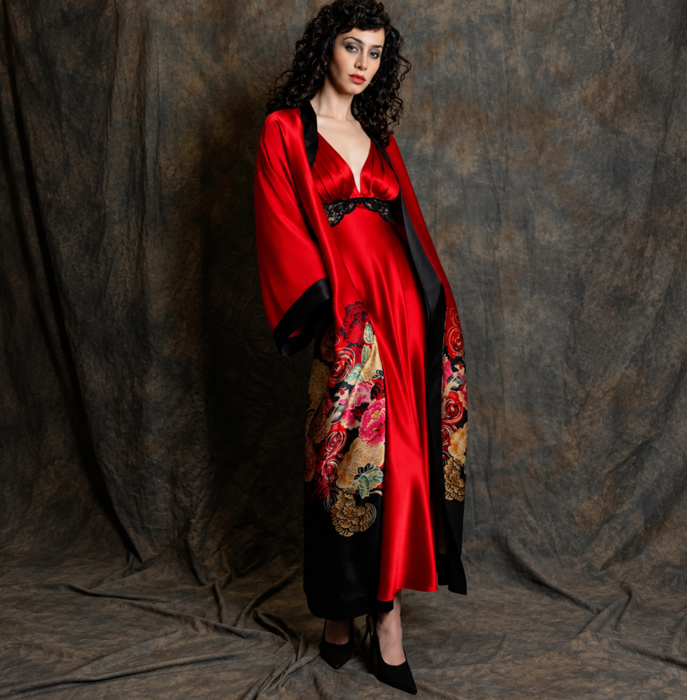 Christine Crimson Moon Silk Kimono CRI8710-Christine Designs-Crimson Moon-Medium-Anna Bella Fine Lingerie, Reveal Your Most Gorgeous Self!