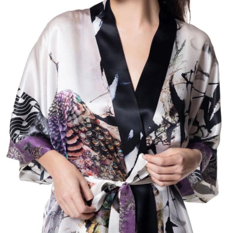 Christine Designs Gatsby Short Silk Robe GAA4010-Anna Bella Fine Lingerie-Peacock Print-Small-