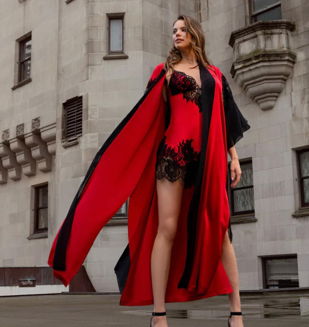 Christine Diva Inferno Long Robe in Rouge/Black DI18712-Robes-Christine Designs-Rouge/Black-Small-Anna Bella Fine Lingerie, Reveal Your Most Gorgeous Self!