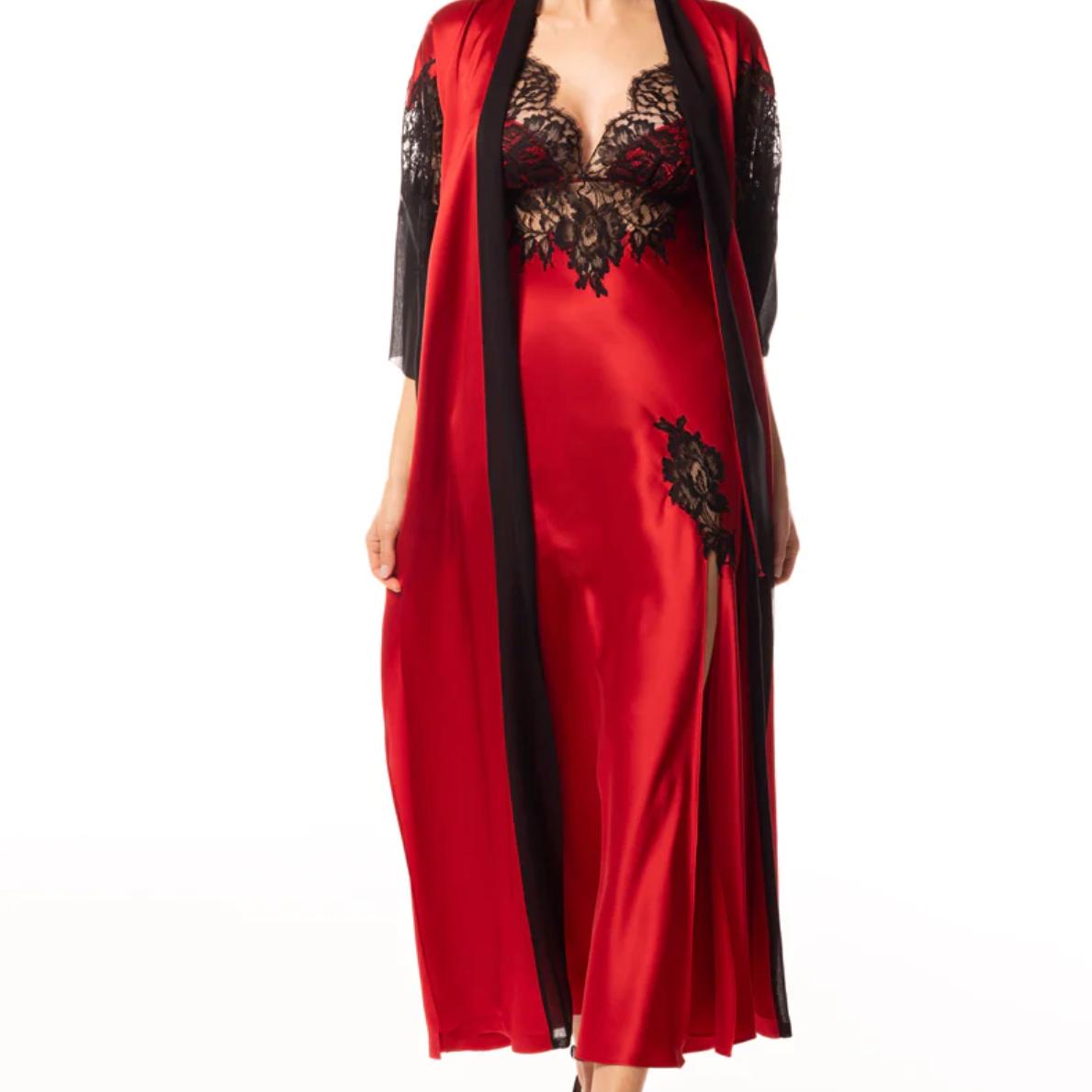 Christine Diva Inferno Long Robe in Rouge/Black DI18712-Robes-Christine Designs-Rouge/Black-Small-Anna Bella Fine Lingerie, Reveal Your Most Gorgeous Self!