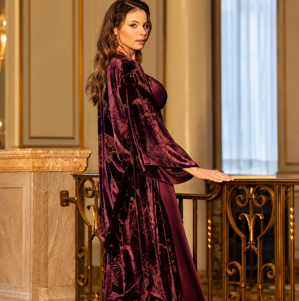 Christine Faberge Long Velvet Robe in Black Cherry FVR8730-Robes-Christine Designs-Black Cherry-Small-Anna Bella Fine Lingerie, Reveal Your Most Gorgeous Self!