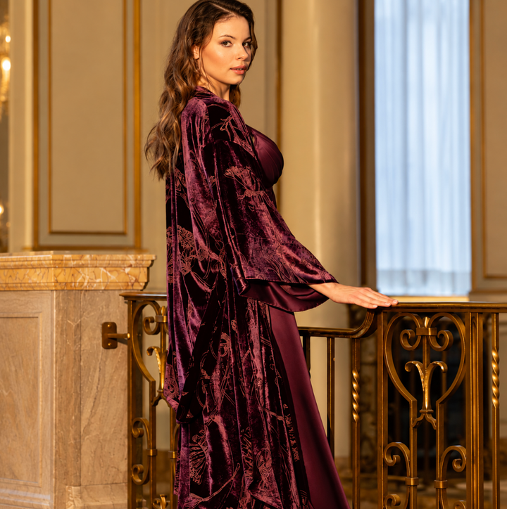 Christine Faberge Long Velvet Robe in Black Cherry FVR8730-Robes-Christine Designs-Black Cherry-Small-Anna Bella Fine Lingerie, Reveal Your Most Gorgeous Self!