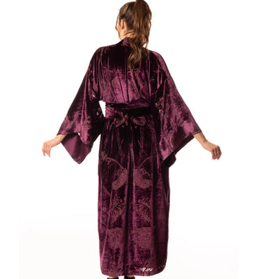 Christine Faberge Long Velvet Robe in Black Cherry FVR8730-Robes-Christine Designs-Black Cherry-Small-Anna Bella Fine Lingerie, Reveal Your Most Gorgeous Self!