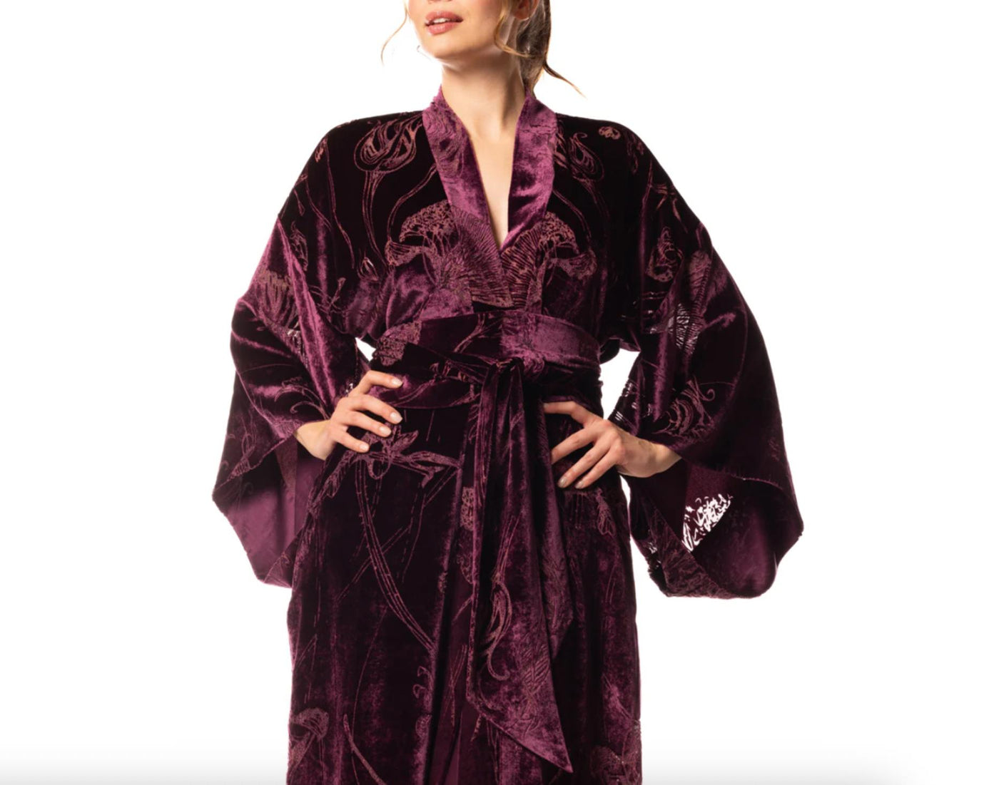 Christine Faberge Long Velvet Robe in Black Cherry FVR8730-Robes-Christine Designs-Black Cherry-Small-Anna Bella Fine Lingerie, Reveal Your Most Gorgeous Self!