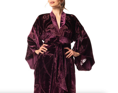 Christine Faberge Long Velvet Robe in Black Cherry FVR8730-Robes-Christine Designs-Black Cherry-Small-Anna Bella Fine Lingerie, Reveal Your Most Gorgeous Self!
