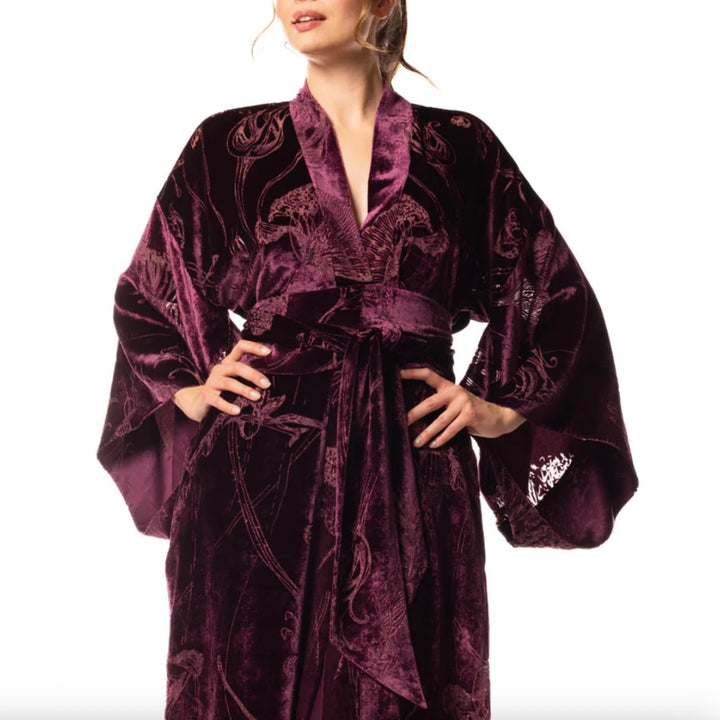 Christine Faberge Long Velvet Robe in Black Cherry FVR8730-Robes-Christine Designs-Black Cherry-Small-Anna Bella Fine Lingerie, Reveal Your Most Gorgeous Self!