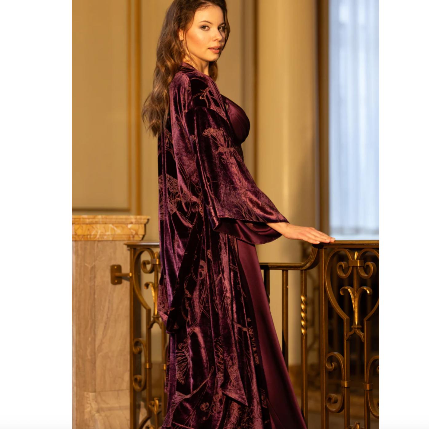 Christine Faberge Long Velvet Robe in Black Cherry FVR8730-Robes-Christine Designs-Black Cherry-Small-Anna Bella Fine Lingerie, Reveal Your Most Gorgeous Self!