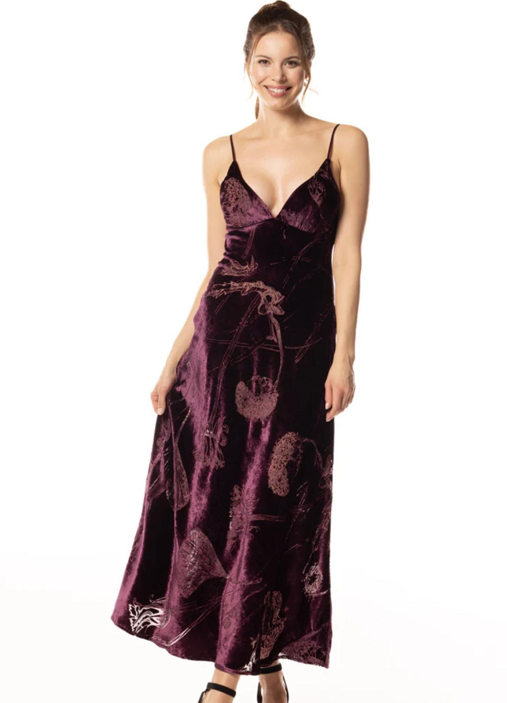 Christine Faberge Velvet Gown in Black Cherry FVR7050-Loungewear-Christine Designs-Black Cherry-Small-Anna Bella Fine Lingerie, Reveal Your Most Gorgeous Self!