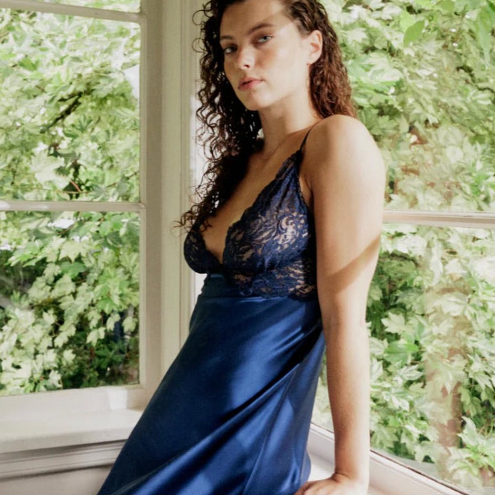 Christine Tea Length Butterfly Gown BIJR7686-Sleepwear-Christine Designs-Midnight Blue-XSmall-Anna Bella Fine Lingerie, Reveal Your Most Gorgeous Self!
