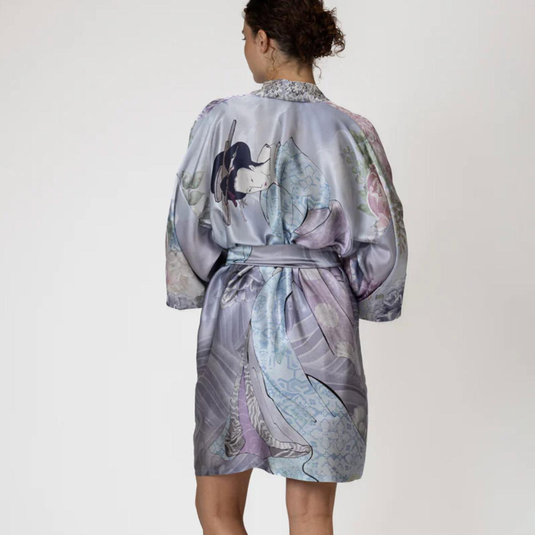 Christine Zen Print Short Kimono ZEN4710-Robes-Christine Designs-Lavender Print-XSmall-Anna Bella Fine Lingerie, Reveal Your Most Gorgeous Self!
