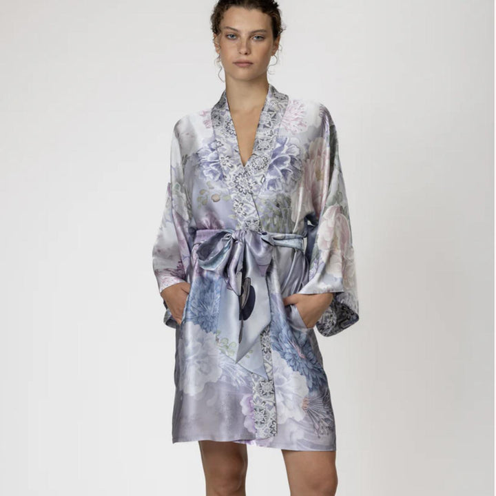 Christine Zen Print Short Kimono ZEN4710-Robes-Christine Designs-Lavender Print-XSmall-Anna Bella Fine Lingerie, Reveal Your Most Gorgeous Self!