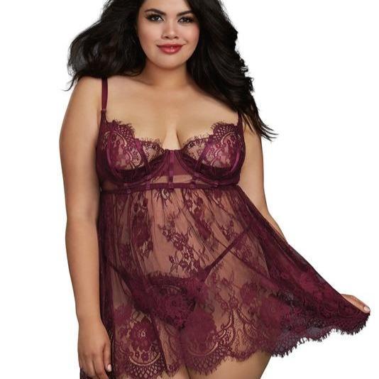 Dreamgirl Eyelash Lace Babydoll with Satin Elastic Detailing 11807-Anna Bella Fine Lingerie-Mulberry-Small-