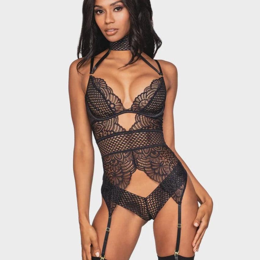 Dreamgirl Scalloped Stretch Garterteddy with Collar 12462-Anna Bella Fine Lingerie-Black-Small-