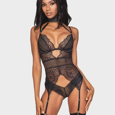 Dreamgirl Scalloped Stretch Garterteddy with Collar 12462-Anna Bella Fine Lingerie-Black-Small-