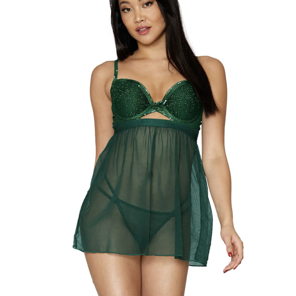 Dreamgirl Sequined Floral Embroidered Babydoll with G-string 12687-Seduction-Dreamgirl-Evergreen-Smal1-Anna Bella Fine Lingerie, Reveal Your Most Gorgeous Self!