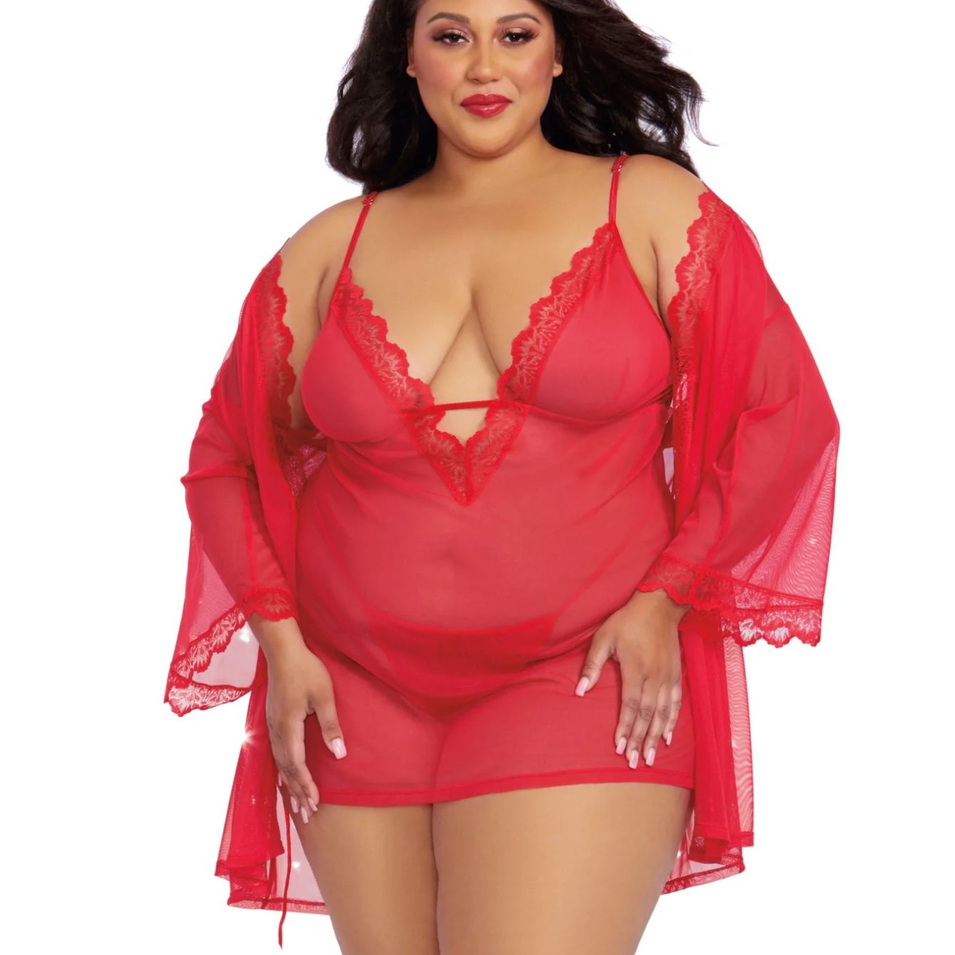 Dreamgirl Stretch Mesh Chemise & Robe Set in Red 12239-Anna Bella Fine Lingerie-Red-1XLarge-