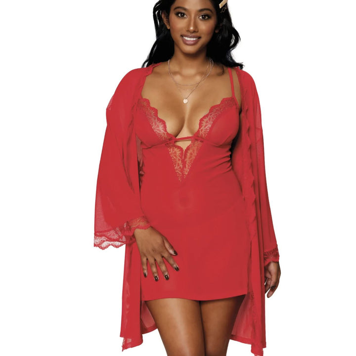 Dreamgirl Stretch Mesh Chemise &amp; Robe Set in Red 12239-Seduction-Dreamgirl-Red-Small-Anna Bella Fine Lingerie, Reveal Your Most Gorgeous Self!