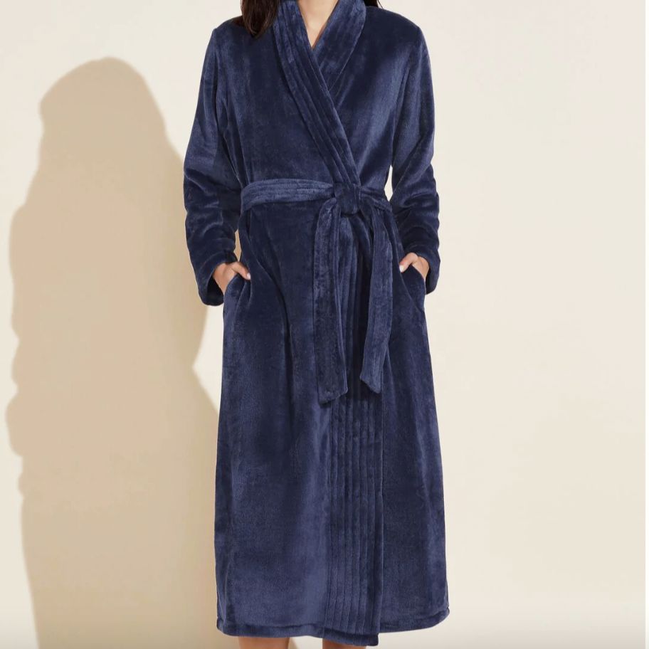 Eberjey Chalet Plush Robe R1987 in Navy-Anna Bella Fine Lingerie-Indulge in total comfort and style with the Chalet Plush Robe. Made with ultra-soft fabric that feels like a luxurious treat for your skin, this full-length robe will make you the best-dressed houseguest at the breakfast table. Its cozy and elegant design drapes beautifully over your favorite sleepwear, making it the perfect addition to your loungewear collection. With functional pockets, a removable belt, and charming stitch details, this rob