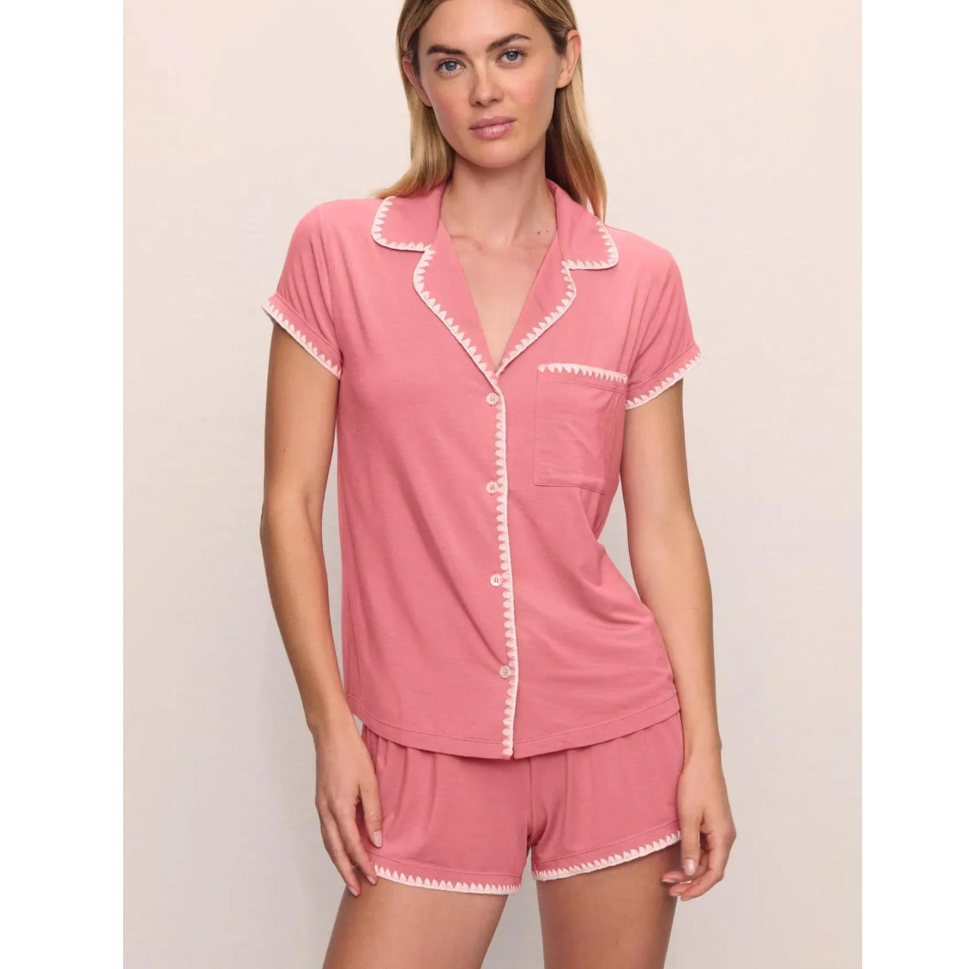Eberjey Frida Shortie PJ Set PJ2018S in Sunkissed Coral-Loungewear-Eberjey-Sunkissed Coral/Ivory-XSmall-Anna Bella Fine Lingerie, Reveal Your Most Gorgeous Self!