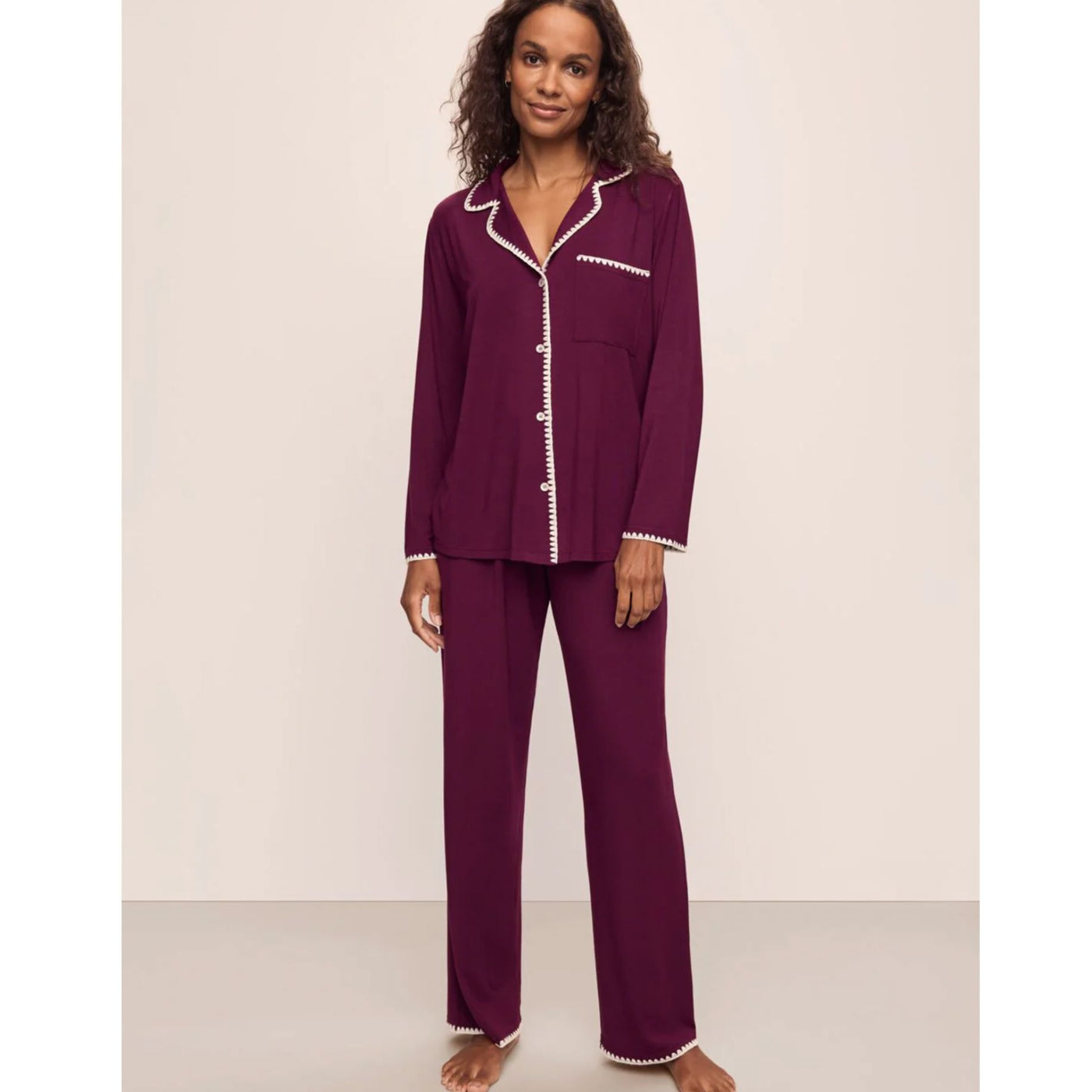 Eberjey Frida Whip Stitch Long Pj Set in Plum/Ivory PJ2018-Anna Bella Fine Lingerie-Plum/Ivory-XSmall-