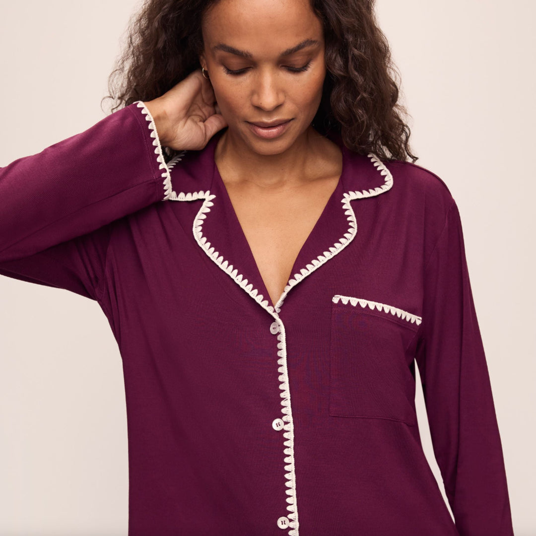 Eberjey Frida Whip Stitch Long Pj Set in Plum/Ivory PJ2018-Loungewear-Eberjey-Plum/Ivory-XSmall-Anna Bella Fine Lingerie, Reveal Your Most Gorgeous Self!