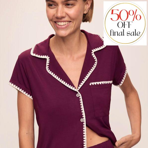 Eberjey Frida Whip Stitch Short PJ Set in Plum/Ivory PJ2018S-Loungewear-Eberjey-Plum/Ivory-Small-Anna Bella Fine Lingerie, Reveal Your Most Gorgeous Self!