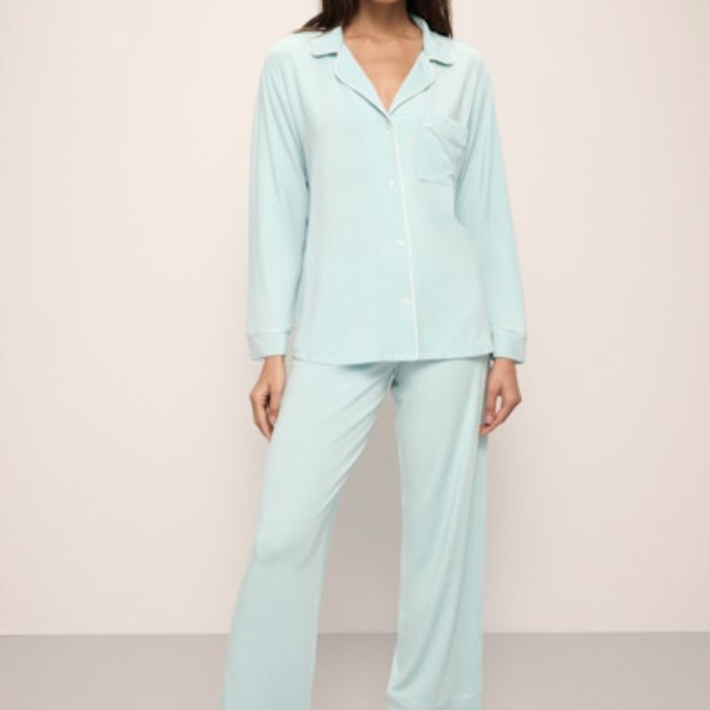 Eberjey Gisele Long PJ Set PJ018 in Canal Blue/Ivory-Loungewear-Eberjey-Canal Blue/Ivory-XSmall-Anna Bella Fine Lingerie, Reveal Your Most Gorgeous Self!
