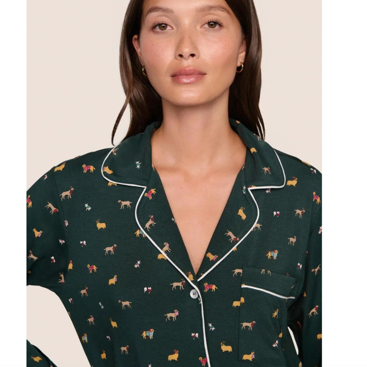 Eberjey Gisele Long PJ Set PJ018 in Green Dogs-Loungewear-Eberjey-Green Holiday Dogs-XSmall-Anna Bella Fine Lingerie, Reveal Your Most Gorgeous Self!