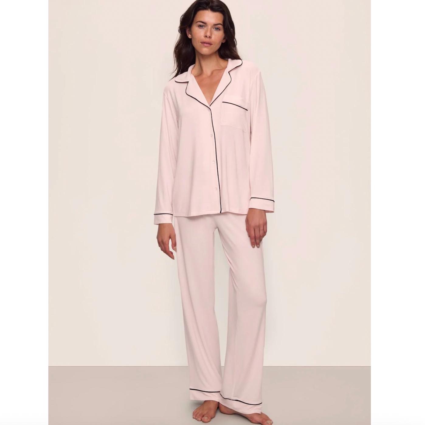 Eberjey Gisele Long PJ Set PJ018 in Sorbet Pink/Black-Loungewear-Eberjey-Sorbet Pink/Black-XSmall-Anna Bella Fine Lingerie, Reveal Your Most Gorgeous Self!