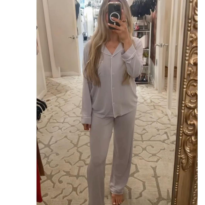 Eberjey Gisele Long PJ Set PJ018 in Thistle/Ivory-Loungewear-Eberjey-Thistle/Ivory-XSmall-Anna Bella Fine Lingerie, Reveal Your Most Gorgeous Self!