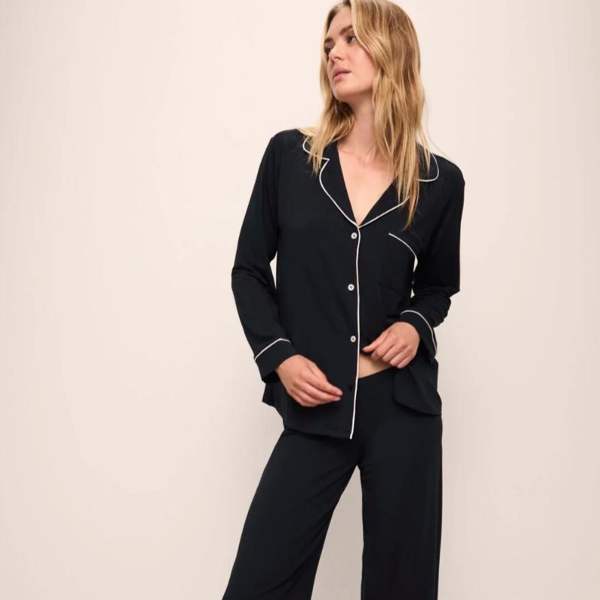 Eberjey Gisele Long PJ Set PJ1018 in Black-Loungewear-Eberjey-Black / Pink Sorbet-Medium-Anna Bella Fine Lingerie, Reveal Your Most Gorgeous Self!