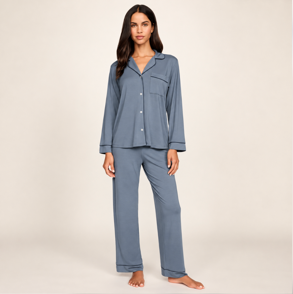 Eberjey Gisele Long PJ Set in Midnight Blue/Navy PJ1018R-Sleepwear-Eberjey-Midnight Blue/Navy-XSmall-Anna Bella Fine Lingerie, Reveal Your Most Gorgeous Self!