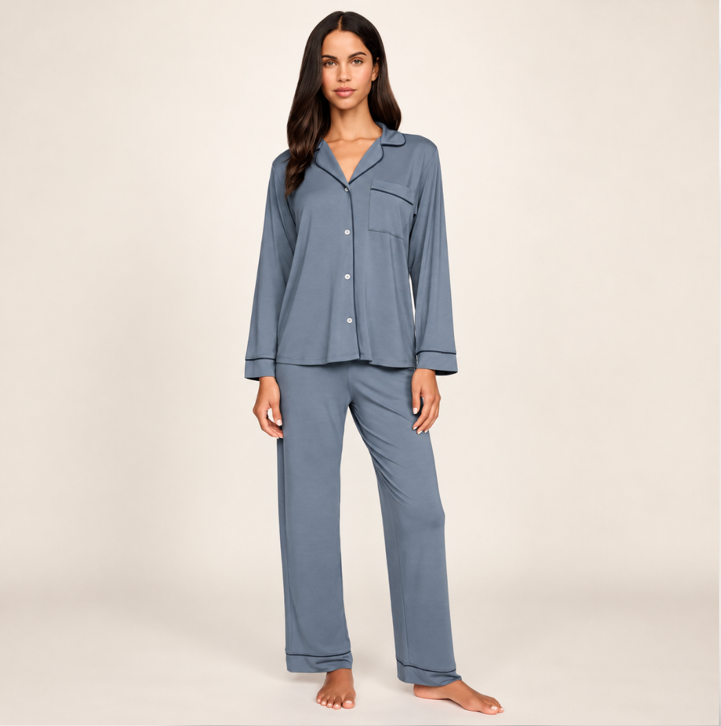 Eberjey Gisele Long PJ Set in Midnight Blue/Navy PJ1018R-Sleepwear-Eberjey-Midnight Blue/Navy-XSmall-Anna Bella Fine Lingerie, Reveal Your Most Gorgeous Self!