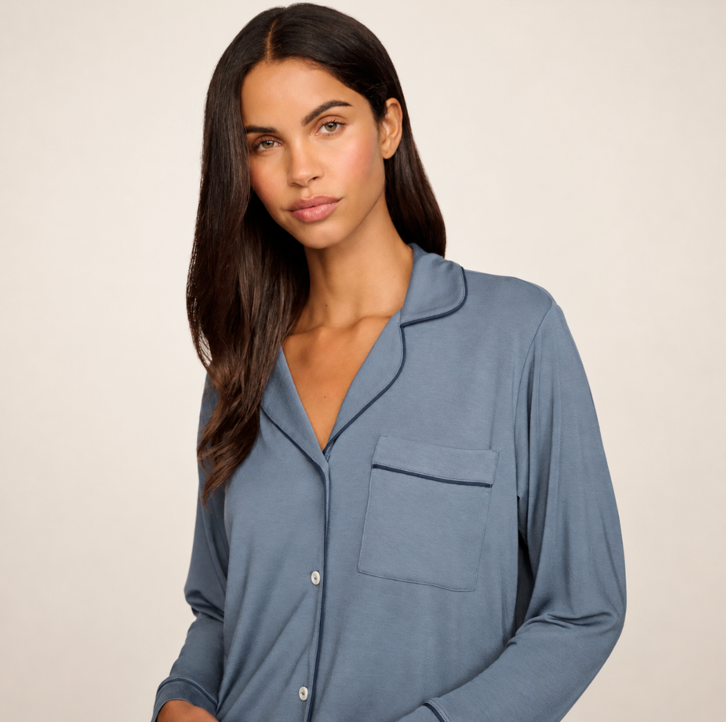 Eberjey Gisele Long PJ Set in Midnight Blue/Navy PJ1018R-Sleepwear-Eberjey-Midnight Blue/Navy-XSmall-Anna Bella Fine Lingerie, Reveal Your Most Gorgeous Self!