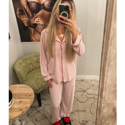 Eberjey Gisele Printed Long PJ Set PJ1141 in Duo Stripe Holly Red-Anna Bella Fine Lingerie-Holly Red Stripe-XSmall-