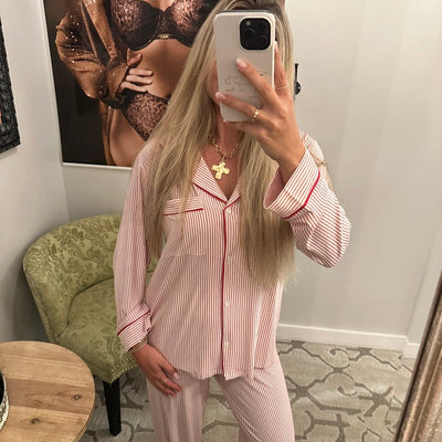 Eberjey Gisele Printed Long PJ Set PJ1141 in Duo Stripe Holly Red-Anna Bella Fine Lingerie-Holly Red Stripe-XSmall-