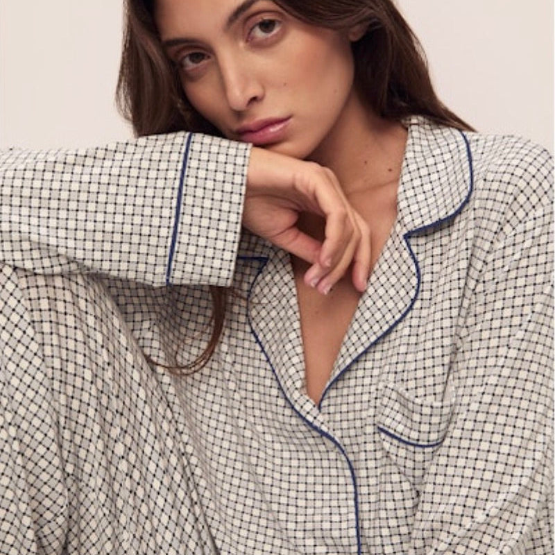 Eberjey Gisele Printed Long PJ Set PJ1141 in Gray Dawn/Navy-Loungewear-Eberjey-Gray Dawn/Navy-XSmall-Anna Bella Fine Lingerie, Reveal Your Most Gorgeous Self!