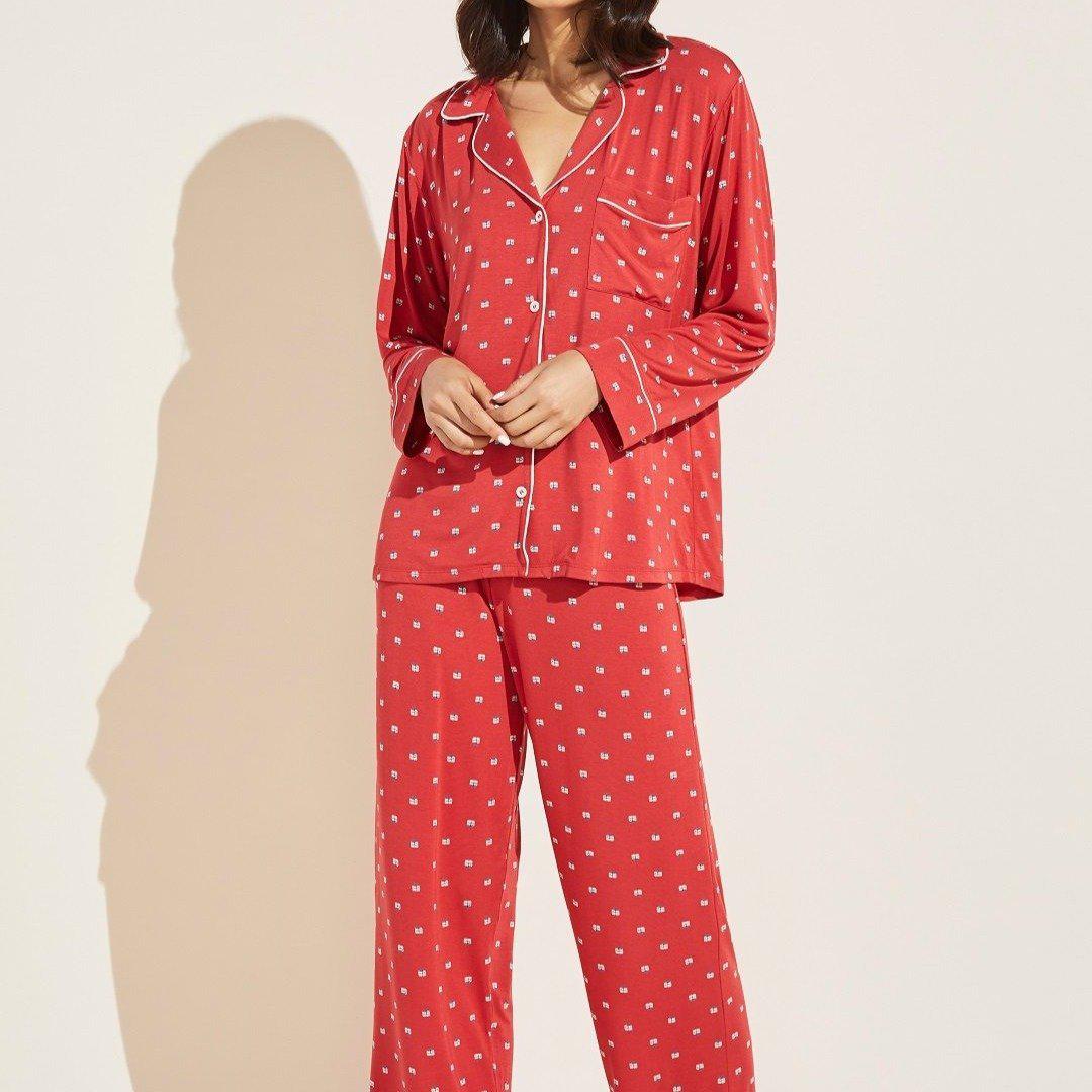 Eberjey Gisele Printed Long PJ Set PJ1141 in Haute Red Presents-Anna Bella Fine Lingerie-Presents Haute Red / Bone-XSmall-