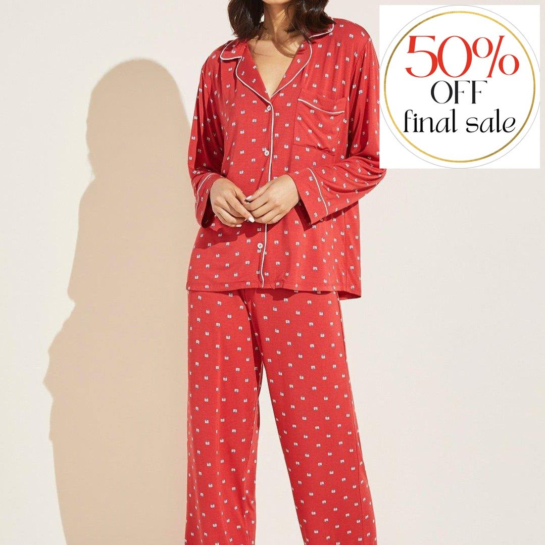 Eberjey Gisele Printed Long PJ Set PJ1141 in Haute Red Presents-Anna Bella Fine Lingerie-Presents Haute Red / Bone-XSmall-